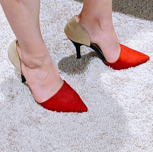Chinese Laundry Shoes - Chinese Laundry Red and Cream Suede Heels 7.5